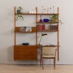 a wooden shelf with books and plants on it