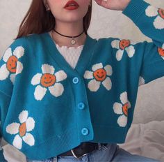 Harajuku Kawaii Fashion Retro Oversized Flower Cardigan (4 Colors) SIZE INFO One Size - Bust 124cm/48.8", Length 48cm/18.9" NOTE: DUE TO VERY HIGH DEMAND, PLEASE ALLOW 12-20 DAYS FOR DELIVERY. Playful Blue Sweater For Spring, Blue Playful Sweater For Spring, Playful Blue Spring Sweater, Cute Oversized Sweater For Spring, Spring Cotton Harajuku Sweater, Kawaii Spring Sweater, Cute Green Cotton Sweater, Cute Blue Spring Sweater, Cute Green Cardigan For Spring