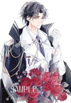 an anime character with black hair and white shirt holding red roses in his hand while standing next to him