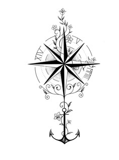 a black and white drawing of a compass with flowers on it's side, as well as an anchor