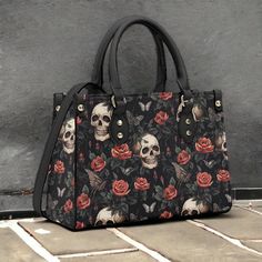 "Cottagecore Dark Roses Handbag, Witchy Skull Purse, Dark Cottagecore Bag, Organized Goblincore Bag for Witches, Vegan Leather Goblincore Bag * PU Main material for ladies fashion handbag tote bag * Smooth zipper and all over printing customized style * Main compartment design with two top handles maintains balance * Two Side pockets and with the shoulder strap stitched and immovable * White & Black color for different style with wearing outfits * Great gifts for girls and mom ,also good use for Goblincore Bag, Gothic Oc, Witchy Astrology, Gothic Bags, Boho Things, Unique Luggage, Cottagecore Bag, Wearing Outfits, Dark Roses