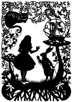 an image of alice and the rabbit in wonderland silhouetted against a background with leaves