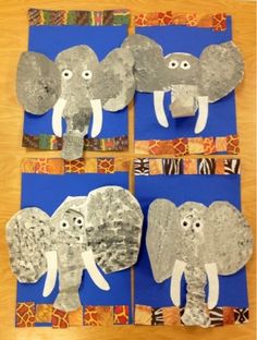 four pictures of elephants made out of paper