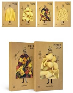 four different types of pasta are shown in three separate boxes, each with their own image