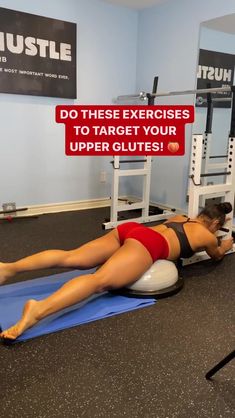 a woman laying on top of a blue mat in front of a gym machine with the words do these exercises to target your upper glutes