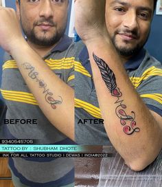 two men with tattoos on their arms before and after tattooing