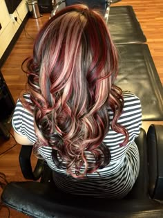 Hair by Heather. Chunky highlight lowlight with black red and blonde. 2023 Hair Styles For Long Hair, Balayage Highlights And Lowlights, Dark Burgundy Hair With Blonde Highlights, Red Hair With Money Piece, Fall Haircolor, Carmel Highlights, Latest Hair Color, Hair Dyes, Hair Streaks