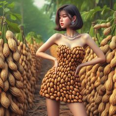 a woman in a dress made out of peanuts is standing next to stacks of peanuts