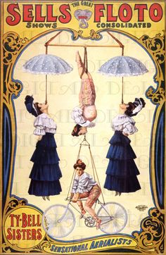 three women on bicycles hanging upside down with umbrellas over their heads and the words, sell's & foto