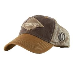 Tan and brown Cooperstown Distillery trucker style hat. Adjustable. One size fits all 55% Cotton 45% Polyester Made in Bangladesh Adjustable Brown Cap, Brown Adjustable Cap, Cotton Trucker Cap, Brown Adjustable Hat With Curved Bill, Brown Adjustable Curved Bill Hat, Trucker Hat With Short Brim, Distressed Brown Baseball Cap, Adjustable Brown Baseball Cap With Curved Bill, Adjustable Brown Baseball Cap