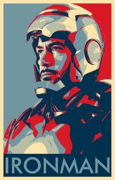 the iron man poster is shown in red, white and blue