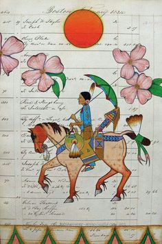 a drawing of a man riding on the back of a horse next to pink flowers