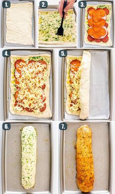 the steps to making pizzas in pans with different toppings and ingredients on them