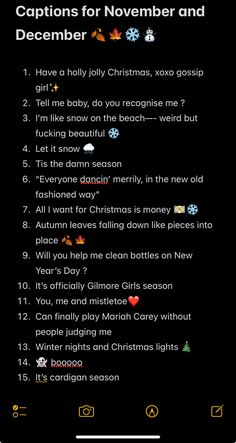 the christmas list is displayed on an iphone screen, with text below it that reads captions for november and december