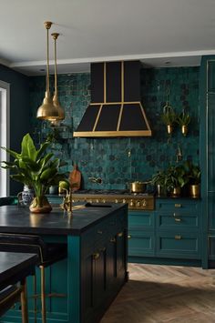 a kitchen with blue cabinets and gold accents is pictured in this image, there are potted plants on the counter