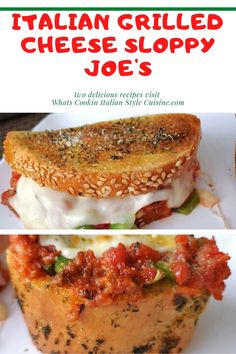 the italian grilled cheese sloppy joes recipe is shown in three different pictures with text overlay