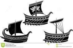 three ancient boats with sails and ornaments on the front, one black and white illustration