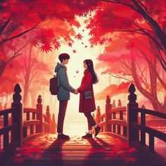 two people are standing on a bridge in the woods, holding hands and looking at each other