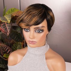 PRICES MAY VARY. Hair type : Curly Pixie Cut Wigs, Fake Hair, Beautiful Wigs, What Is Advertising, Pixie Cut Wig, Side Bangs, Dark Brown Color, Wigs Human Hair, Honey Blonde