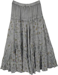 Enticing Grey Soft and Flowy Long Boho Skirt | Blue | XL-Plus, Solid Embroidered Maxi Skirt, Penelope Core, Long Flowy Skirt Outfit, Long Boho Skirt, Grey Maxi Skirt, Flouncy Skirt, Grey Clothing, Granny Style, Grey Maxi Skirts