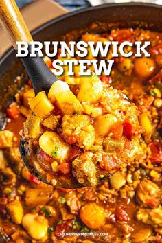 a spoon full of stew in a pot with the words brunwich stew above it