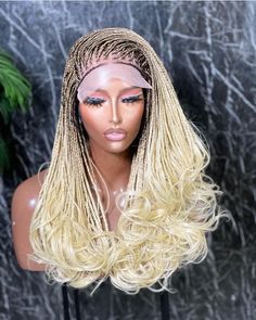 box braids on mini frontal Lace type- 6*6 Color- t27/613 Length- 16 inches All our braided wigs are handmade wigs, carefully hand-picked and crafted by selected professional braiders. We bleach the knots for a very realistic look. Our frontlace and closure unit is made with spandex dome wig cap and extra elastic band for secure fit. Full lace has adjustable straps and elastic band. * We provide babyhair in all our wigs, if you do not need it, you can take it off or add note to that effect. All our wigs comes with the big elastic band, our full lace wigs comes with the adjustable straps and combs and can be put in a Ponytail. Our frontal comes with a breathable cap and elastic band for extra grip and can be put in a half ponytail half drop down, likewise the closure wigs. Processing time cu Braided Wigs Styles, Faux Locs Wig, Black Box Braids, Cute Toddler Hairstyles, Bob Braids Hairstyles, Passion Twists, Half Ponytail, Blonde Braids, Box Braid Wig