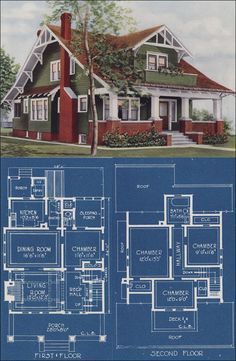 an old house is shown with blueprints on the front and back sides, as well as plans for the second floor