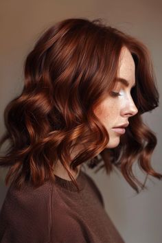 Perfect for those seeking a stylish and contemporary appearance, chocolate copper hair offers a unique way to enhance your natural beauty. Fall Hair Colors For Gingers, Auburn Balayage Medium Length, Brown Into Red Hair, Deep Brown Copper Hair, Auburn Hair Fair Skin, Red Brunette Hair Color, Brown Roots Ginger Hair, Copper Brown Bob, Brunette To Ginger