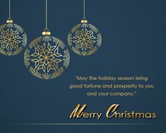 three christmas ornaments hanging from strings on a dark blue background with the words merry christmas