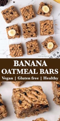 banana oatmeal bars are stacked on top of each other with chocolate chips and bananas