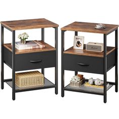 two nightstands with drawers and baskets on each side, one has a book shelf