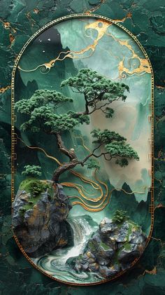 a painting of a tree on top of a mountain with water flowing down it's side