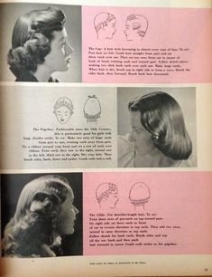 Pin Curl Pattern Long Hair, 1940s Hair Setting Pattern, Pin Curls Pattern, 1940s Pin Curl Pattern, 1950s Hair Roller Pattern, Vintage Hair Magazine, Pin Curl Pattern, Classy Hairstyles For Long Hair, Long Hair Vintage