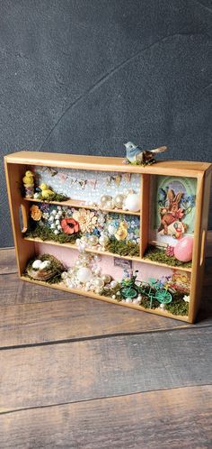 a wooden shelf filled with lots of different items