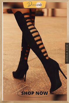 Back Ladder Cutout Knee-high Stiletto Boots Knee High Stiletto Boots, High Heel Stiefel, Black Thigh High Boots, High Boots Outfit, Black Thigh High, Stiletto Boots, Black High Heels, Pretty Shoes, Boots Outfit