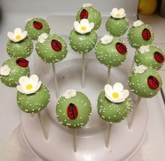 green cake pops decorated with ladybugs and daisies on a white platter