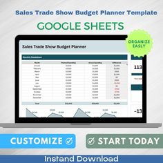 a laptop with google sheets on it and the text, sales trade show budget planner template