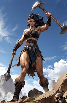 an image of a woman in the desert with two axes and a skull on her arm