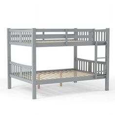 a gray bunk bed with two sets of ladders on the bottom and one side