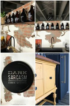 several photos of different types of beer bottles on the wall and below them is a sign that says dark sargasm brewing