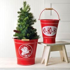 Set of Two Holiday Buckets - D&J Farmhouse Collections Tin Bucket Ideas, Metal Tin Bucket Ideas, Christmas Metal Bucket, Christmas Buckets, Christmas Tree Bucket, Bucket Crafts, Tin Buckets, Metal Buckets, Christmas Addition