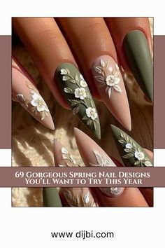 Seasonal Acrylic Nails, Nature Inspired Wedding Nails, Moss Agate Nail Art, Wedding Nails Fall Brides, Nails With Olive Green Dress, Cottagecore Wedding Nails, Olive Green And Cream Nails, Enchanted Garden Nail Designs, 3d Leaf Nails