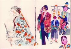 two drawings of women in colorful clothing with oranges on them and one drawing of a woman wearing a hat