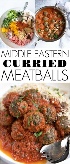 an image of some meatballs and rice on a plate with the words middle eastern curryed meatballs