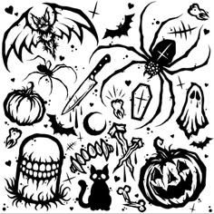 black and white drawing of halloween items with bats, pumpkins, spider, bat