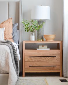 a bedroom with a bed, nightstand and plants on the night stand next to it