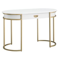 a white and gold desk with two drawers on one side, an oval metal frame around the top