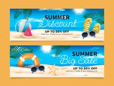 two summer sale banners with beach items