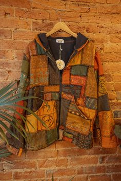 "Stunning patchwork jacket made with 100% recycled cotton outer, and 100% recycled fleece inner. Thick and cozy! Hooded with a zipper and outer pockets. Each is one-of-a-kind and will not be the exact jacket in the photos, but will be very close in color!   Fits XS-XXL Bust- 48\" Waist- 47\" Length - 29\"" Hippie Mens Outfits, Mens Hippie Outfits, Frank Core, Swamp Magic, Winter Hippie, Funky Clothing, Style Hippie Chic, Funky Clothes, Grunge Jacket