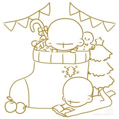 a drawing of a christmas stocking with an infant in it's lap, surrounded by candy and candies